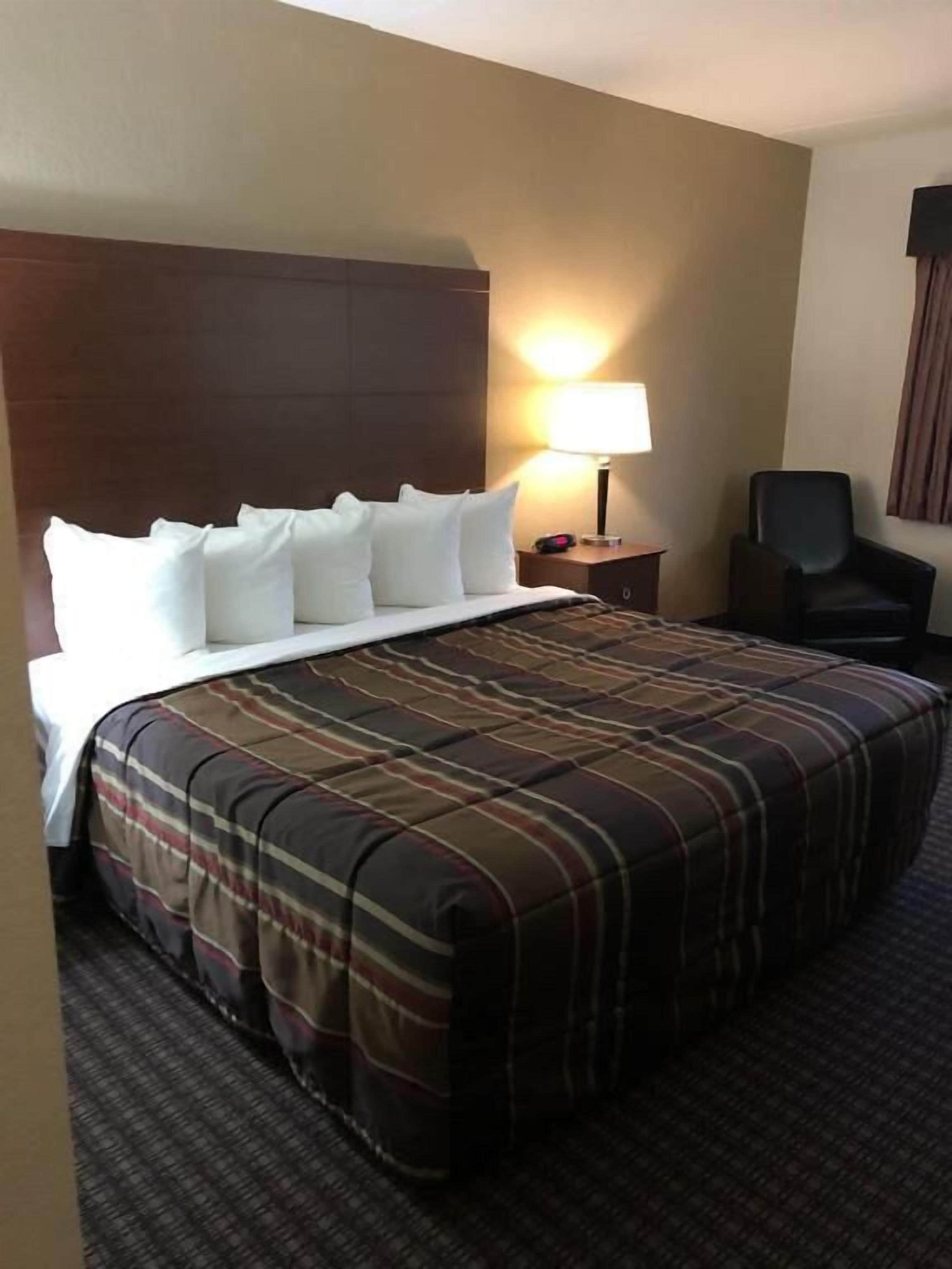 A hotel room with a large bed, a nightstand with a lamp, a chair, and a headboard.