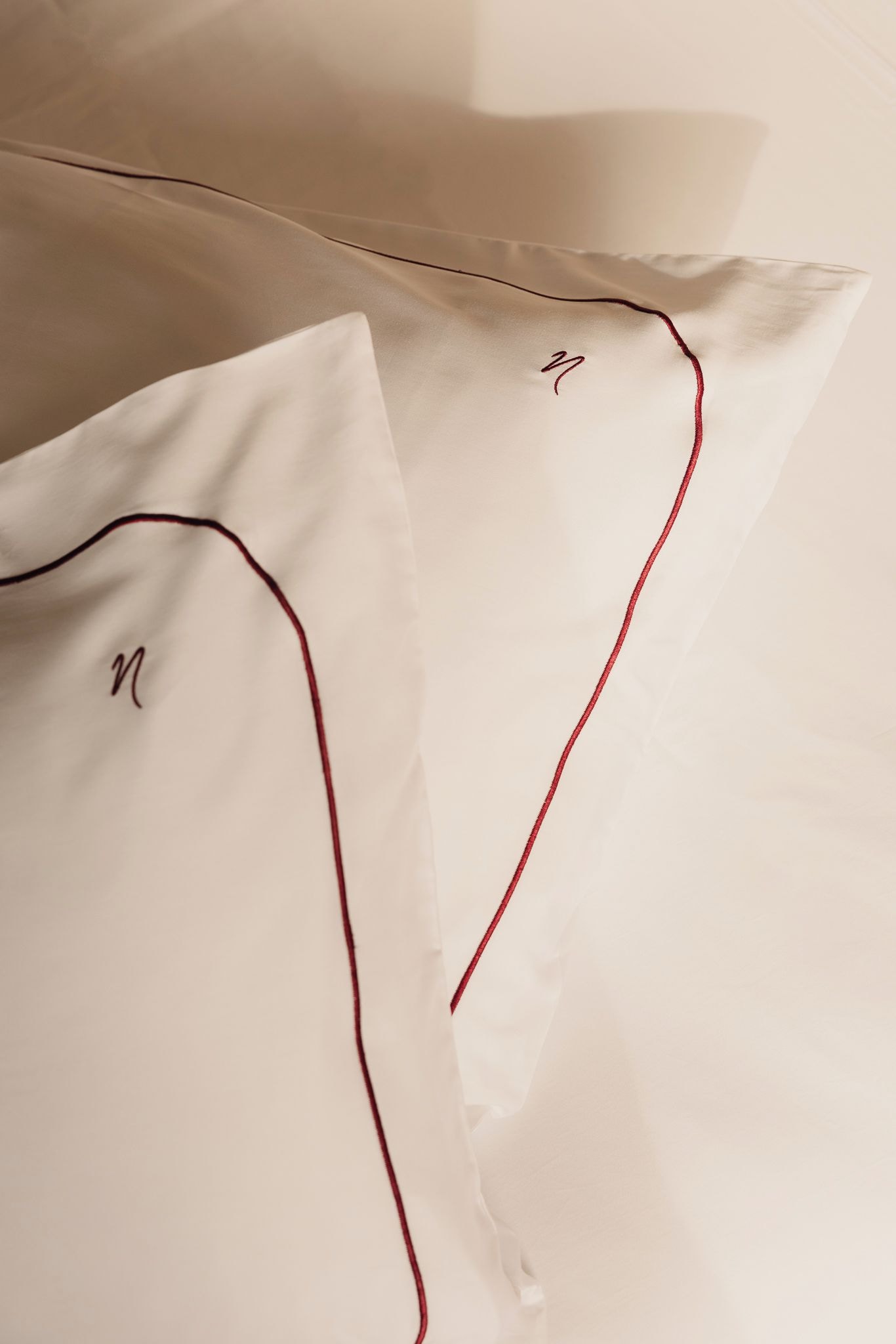 A close-up of a pillow with a red border and a letter 'n' embroidered on it.