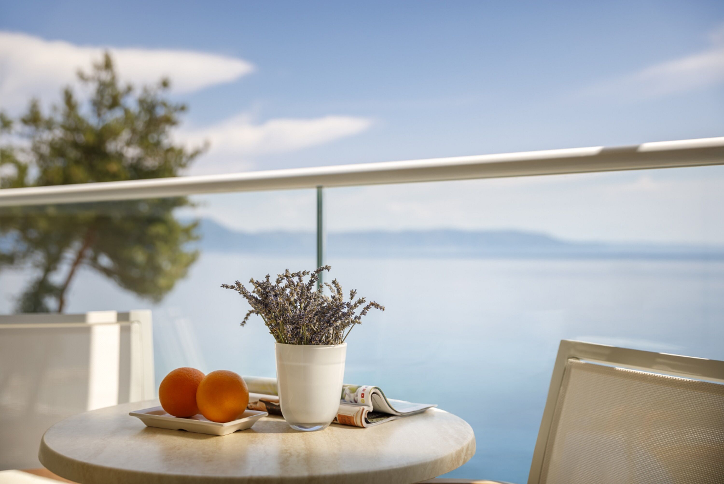 A round table with a potted lavender plant, two oranges, and a newspaper. A glass railing overlooks a scenic view of the sea and mountains.