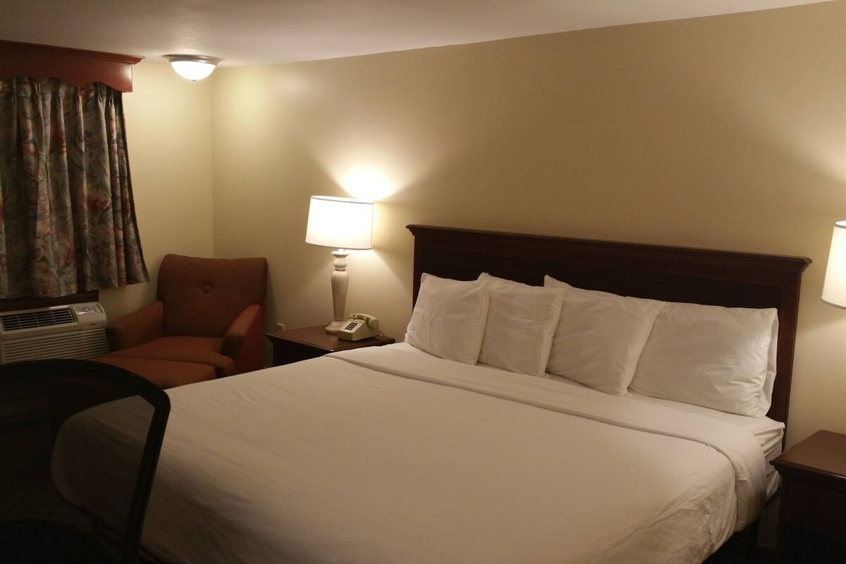 Habitación de hotel con una cama grande, dos lámparas de noche, una silla, un aire acondicionado y un teléfono en la mesita de noche.