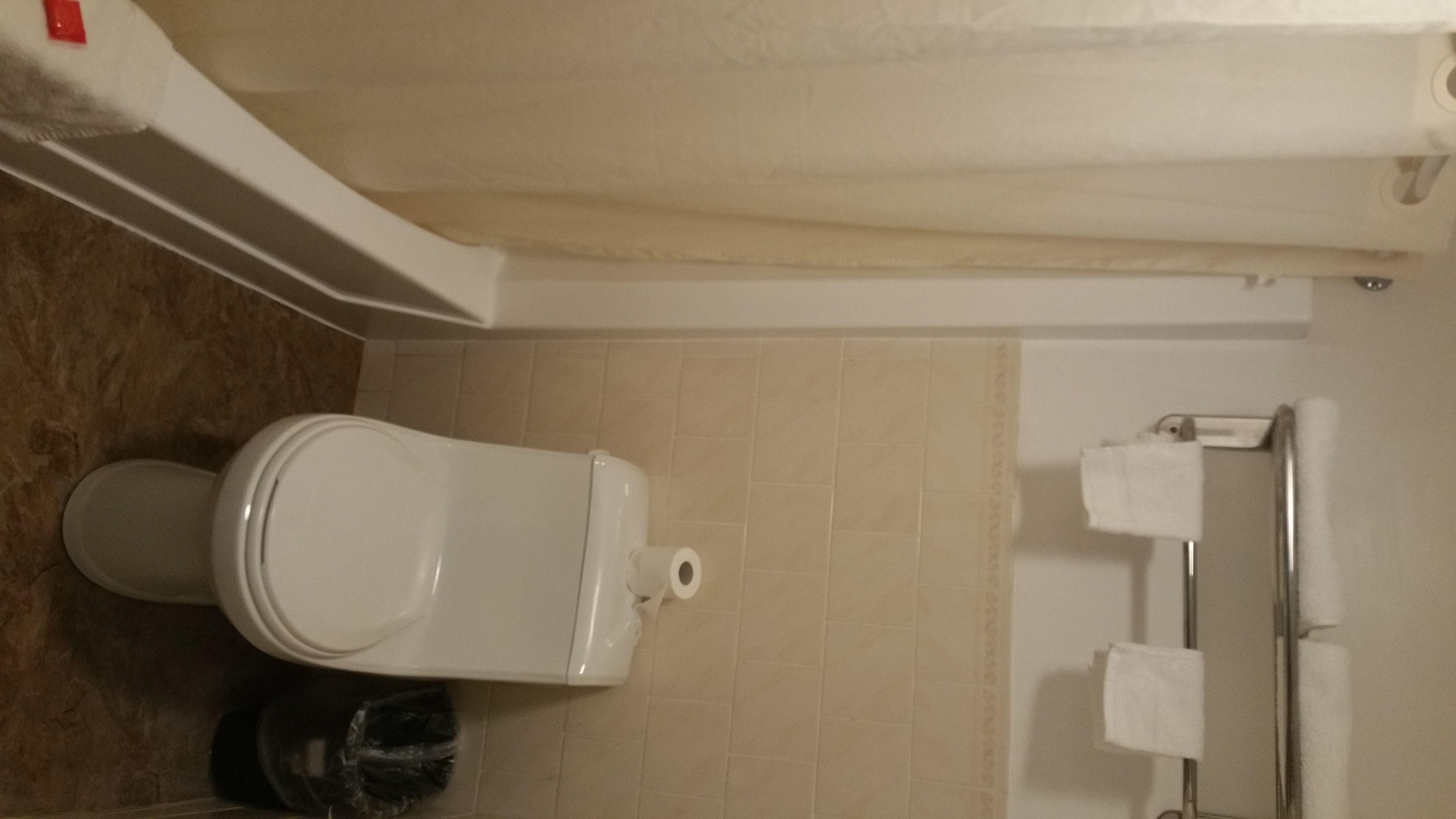 A bathroom with a toilet, a trash bin, and a towel rack.