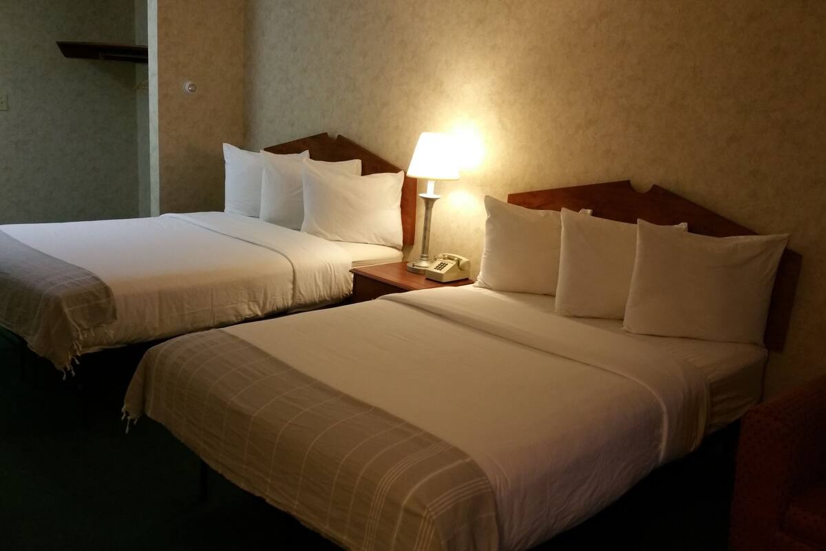 Habitación de hotel con dos camas, una mesita de noche con lámpara y teléfono, y una silla.