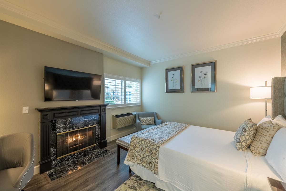 A bedroom with a fireplace, a bed, a TV, and two framed pictures on the wall.