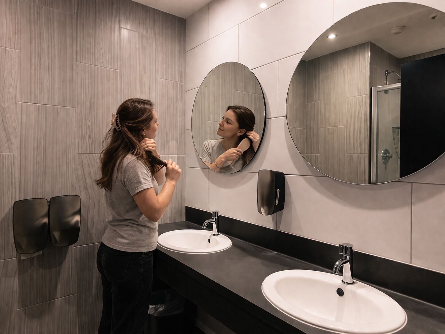 A modern bathroom with two sinks, a large mirror, and a towel dispenser.