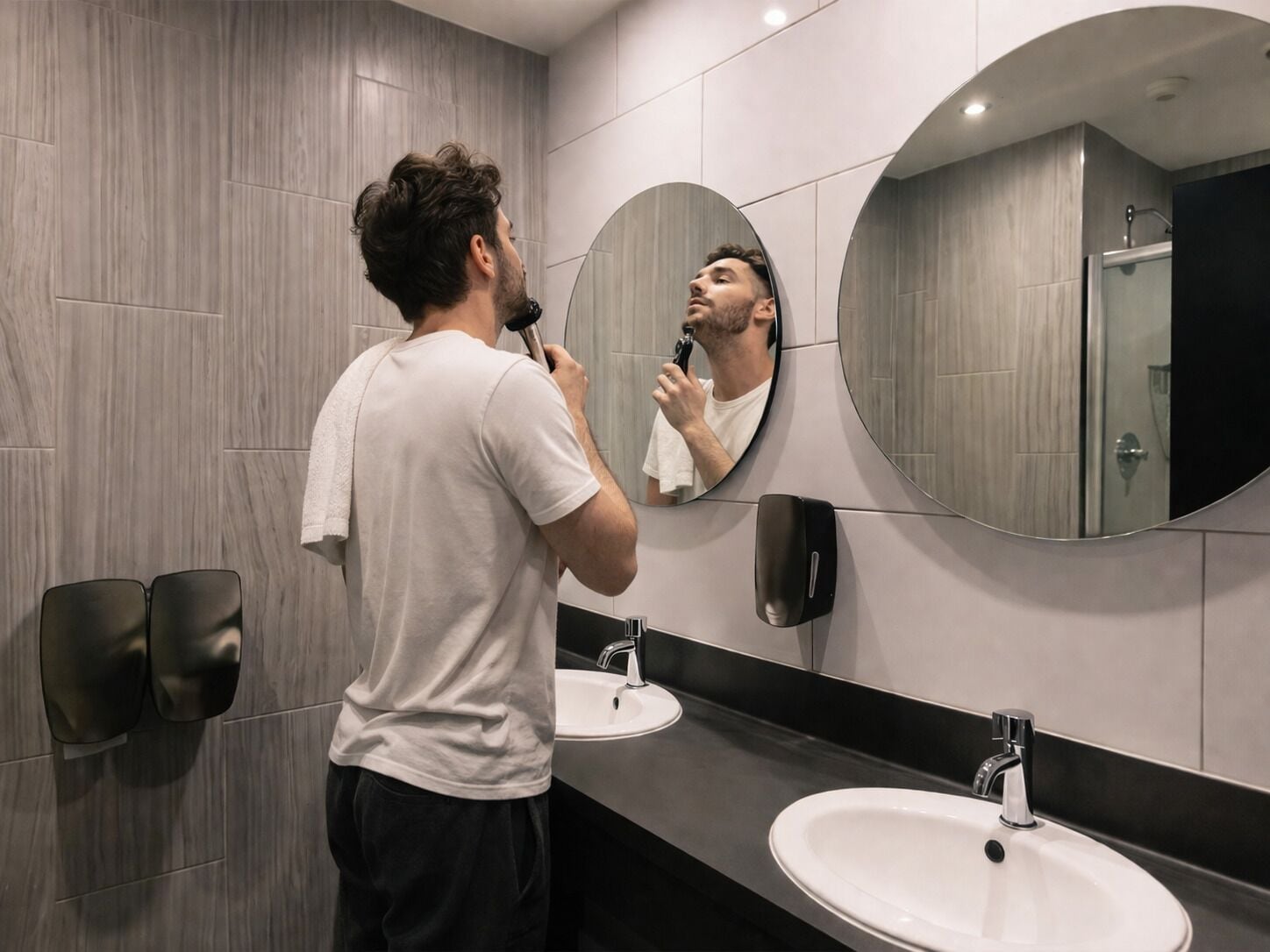 A modern bathroom with a large mirror, two sinks, and a towel dispenser.