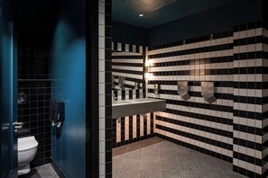 A bathroom with a black and white checkered wall pattern, a white toilet, and a sink with a mirror. - Latroupe Jacobs Inn (Dublin)