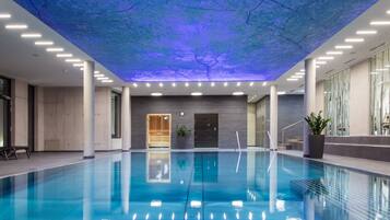 Indoor pool, outdoor pool, pool umbrellas, sun loungers