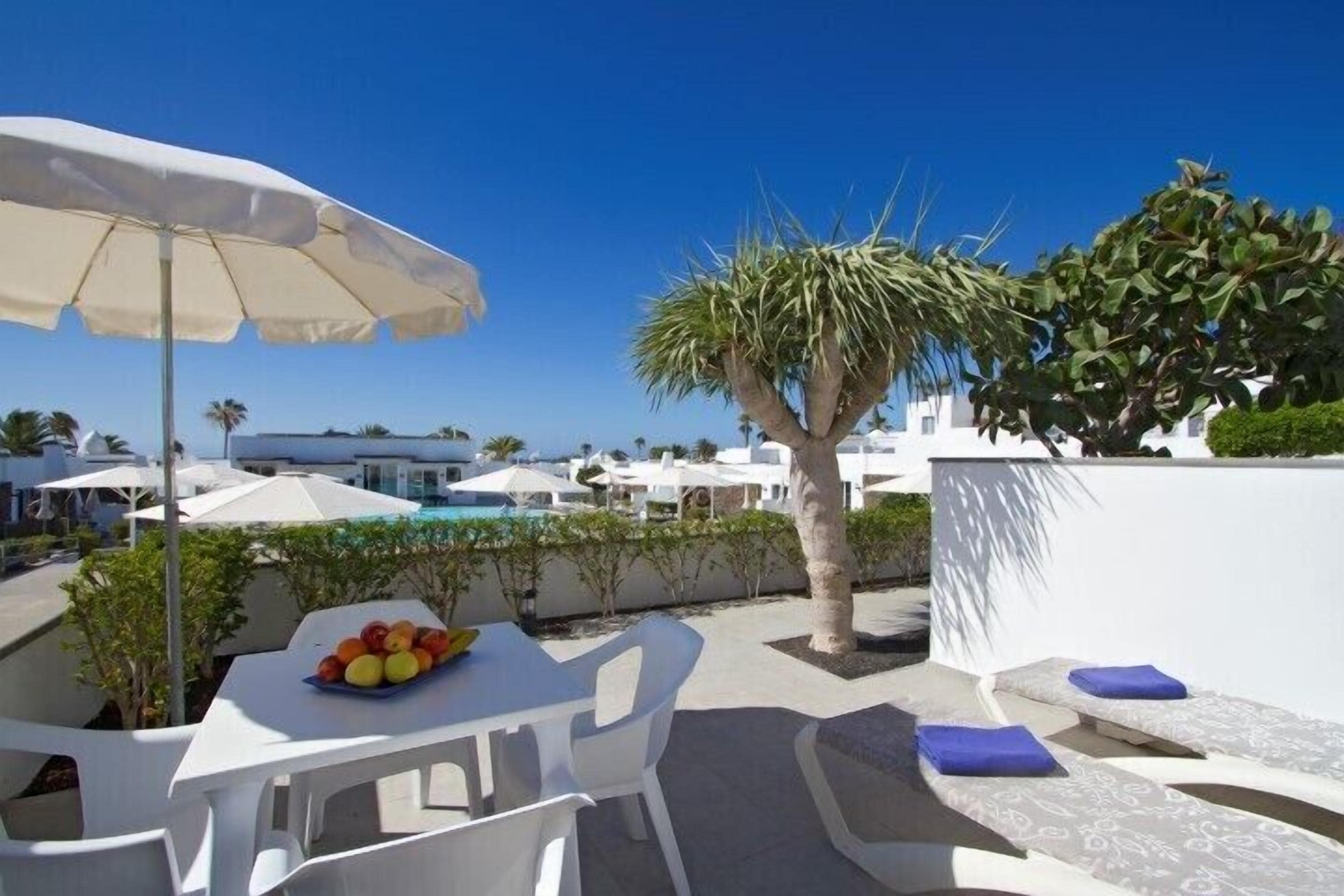 Una terraza con mobiliario blanco, un frutero y una palmera.