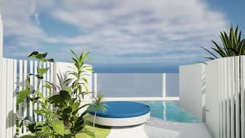 Panorama tweepersoonskamer, 1 tweepersoonsbed, privézwembad, uitzicht op zee | Terras