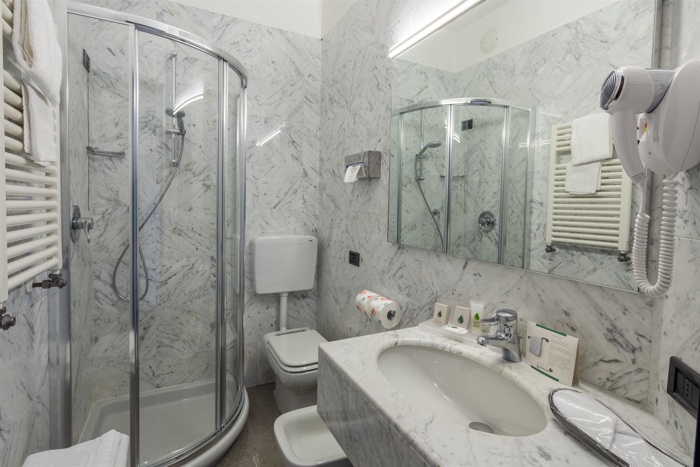 shower, free toiletries, hair dryer, bidet