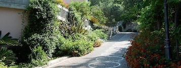 A narrow cobblestone path flanked by lush greenery and flowering plants.