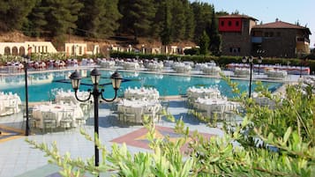 Indoor pool, outdoor pool, sun loungers