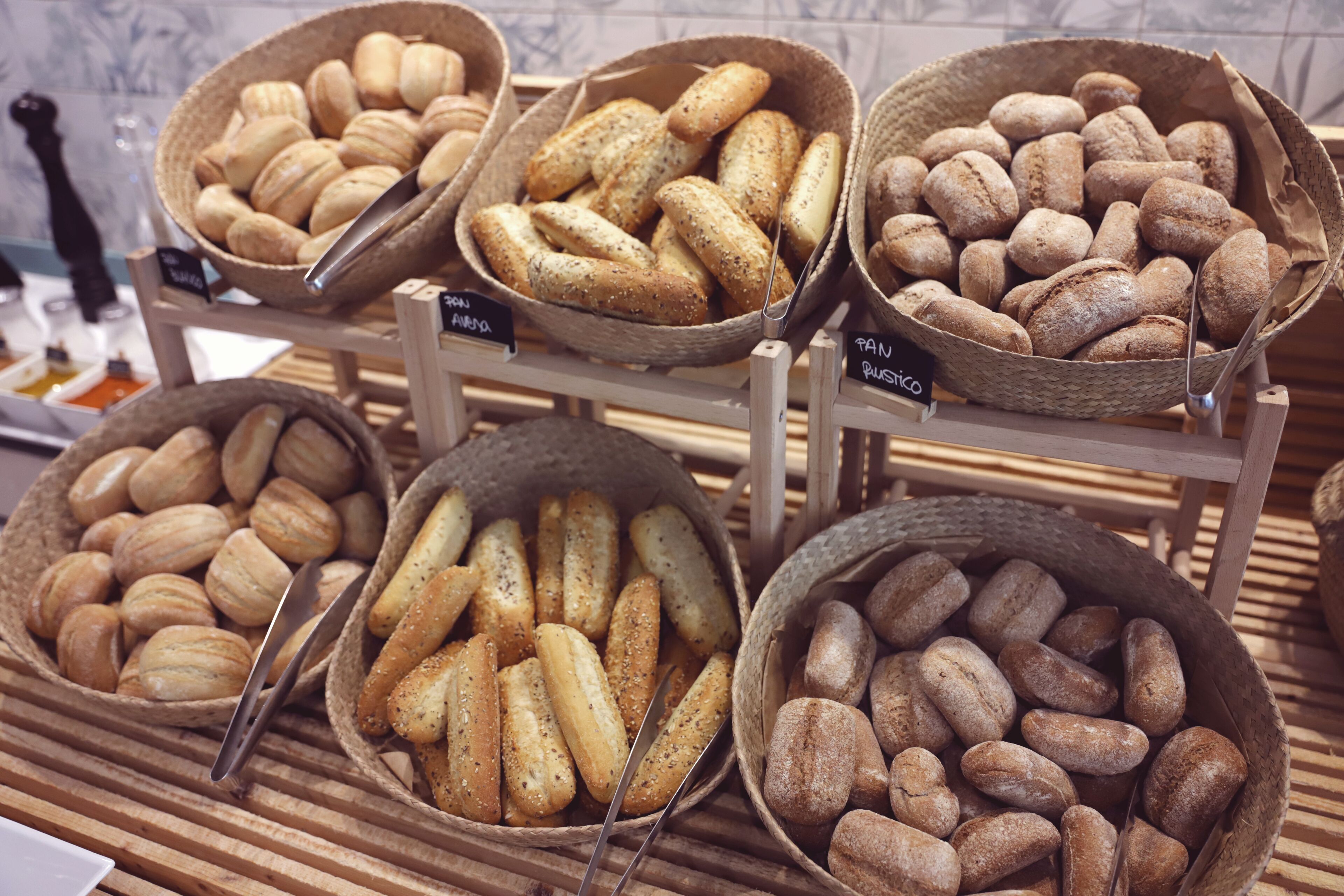 Baskets of various breads on display.