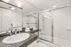 Deluxe Condo, 2 Bedrooms, Hot Tub (Chateau Chaumont 5) | Bathroom | Combined shower/bathtub, hair dryer, towels - Chateau Chaumont & Dumont Condominiums by Frias (Aspen)