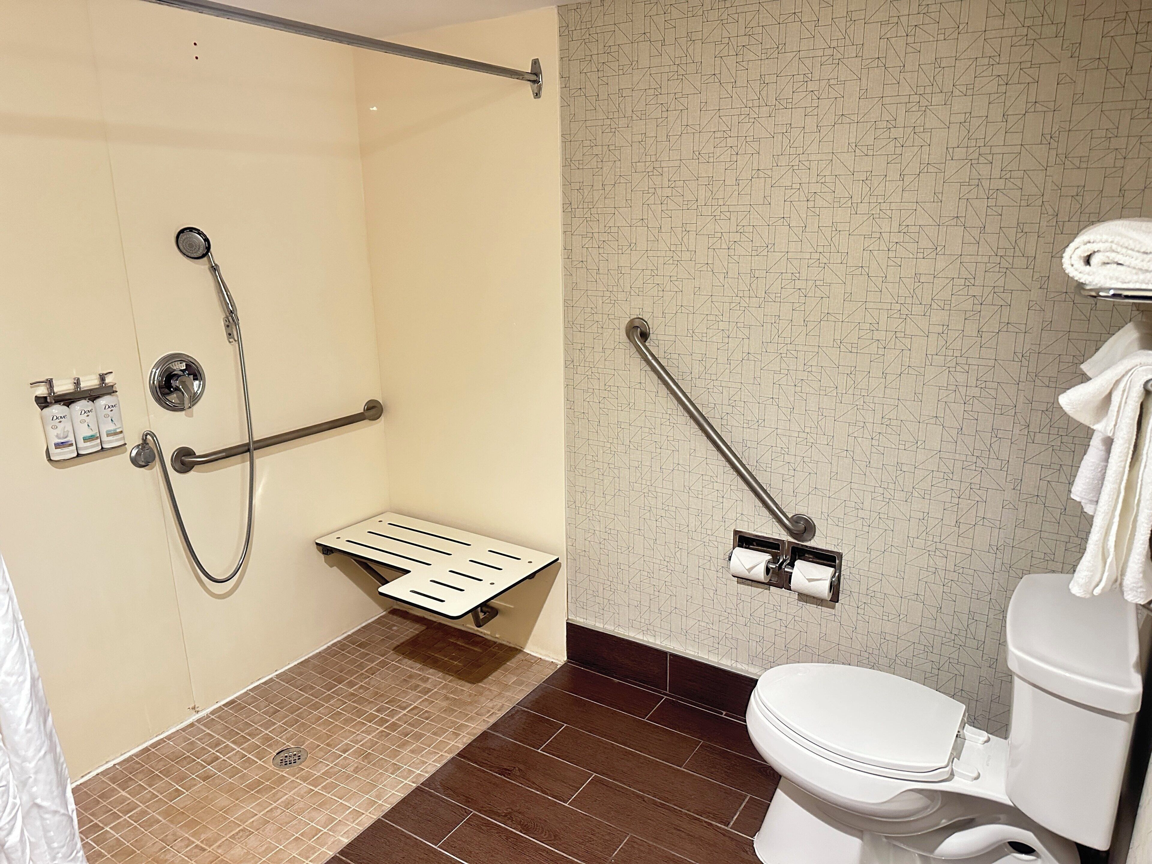 Een badkamer met douche, toilet en handgrepen.