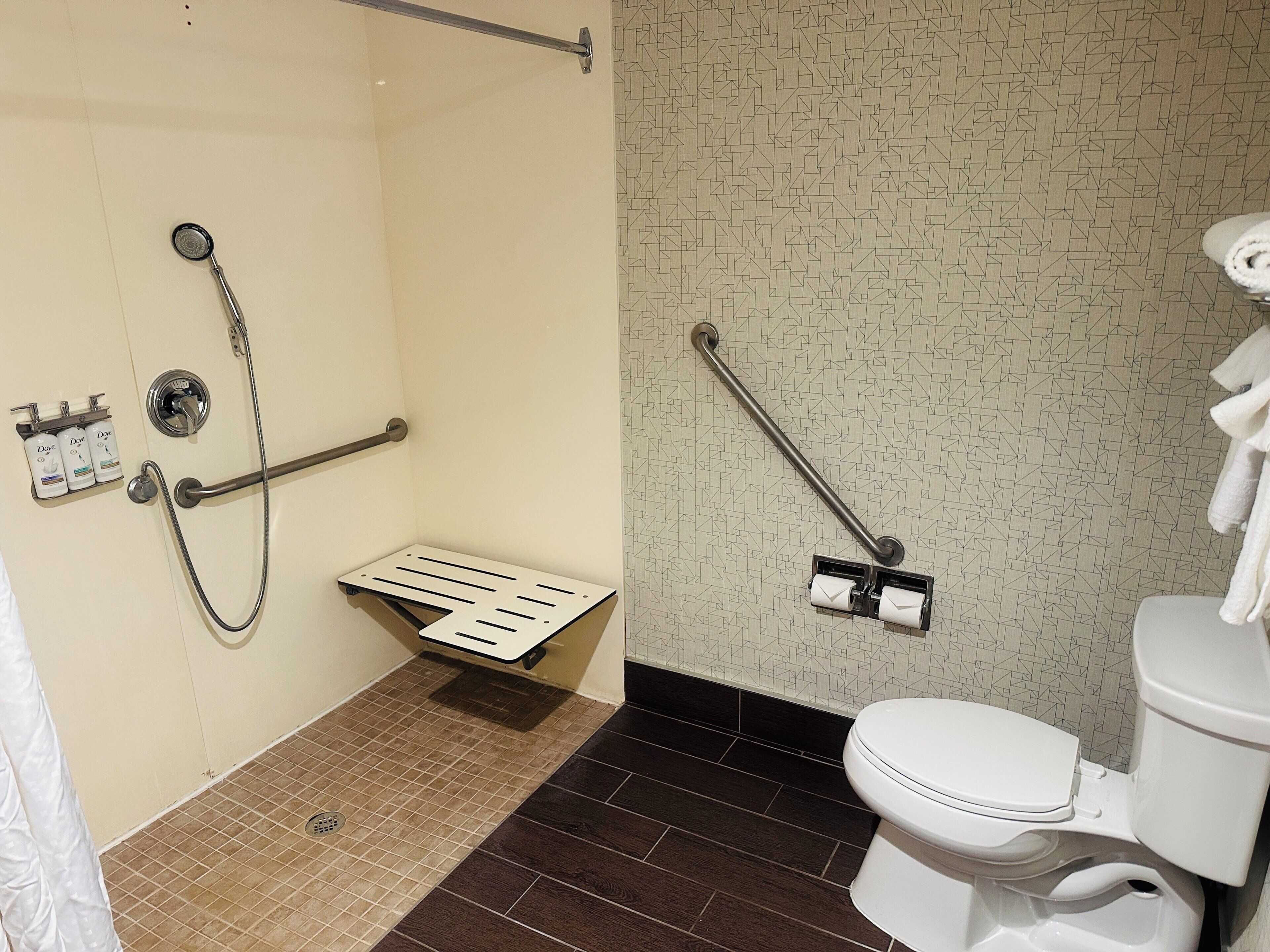 A bathroom with a shower, toilet, grab bars, and a towel rack.