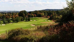 A golf course with a clear view of the green, sand bunkers, and surrounding trees. - Holiday Inn Express & Suites Milton by IHG (Milton)