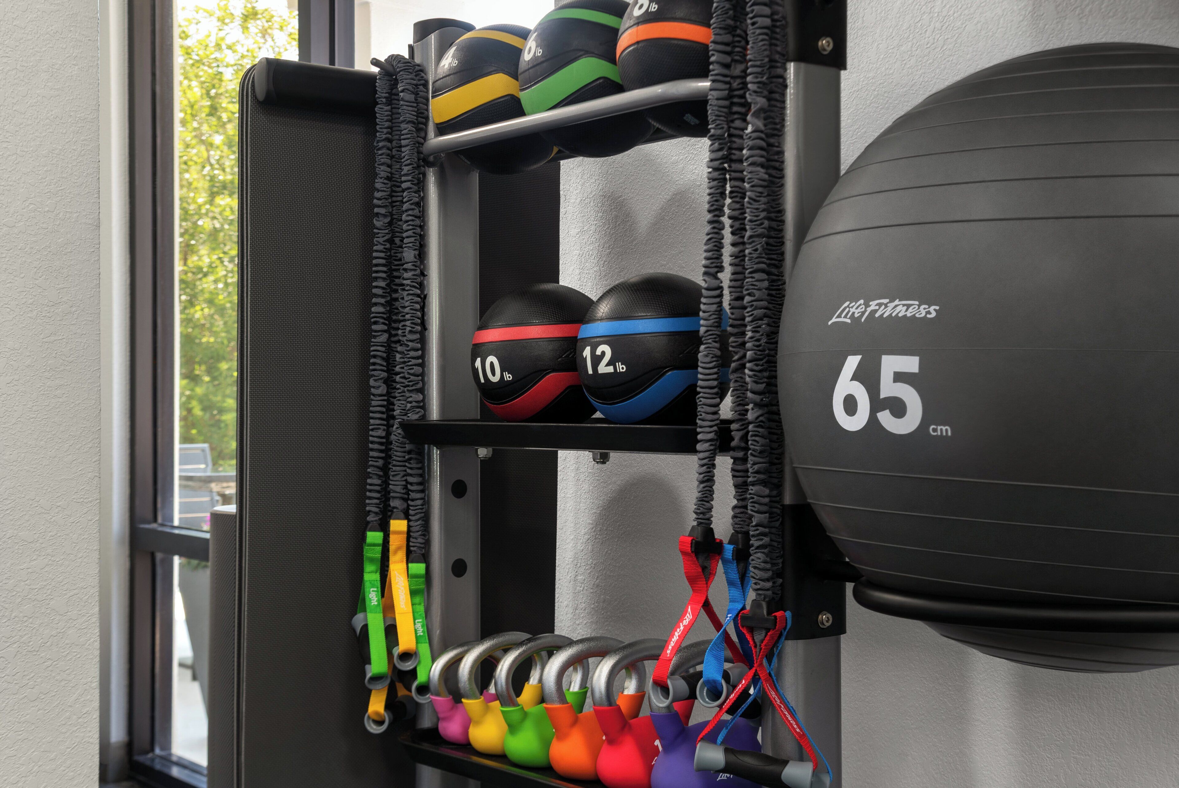 A weight training area with a rack holding various exercise balls and weights, and a large medicine ball labeled 'Life Fitness 65 cm'.