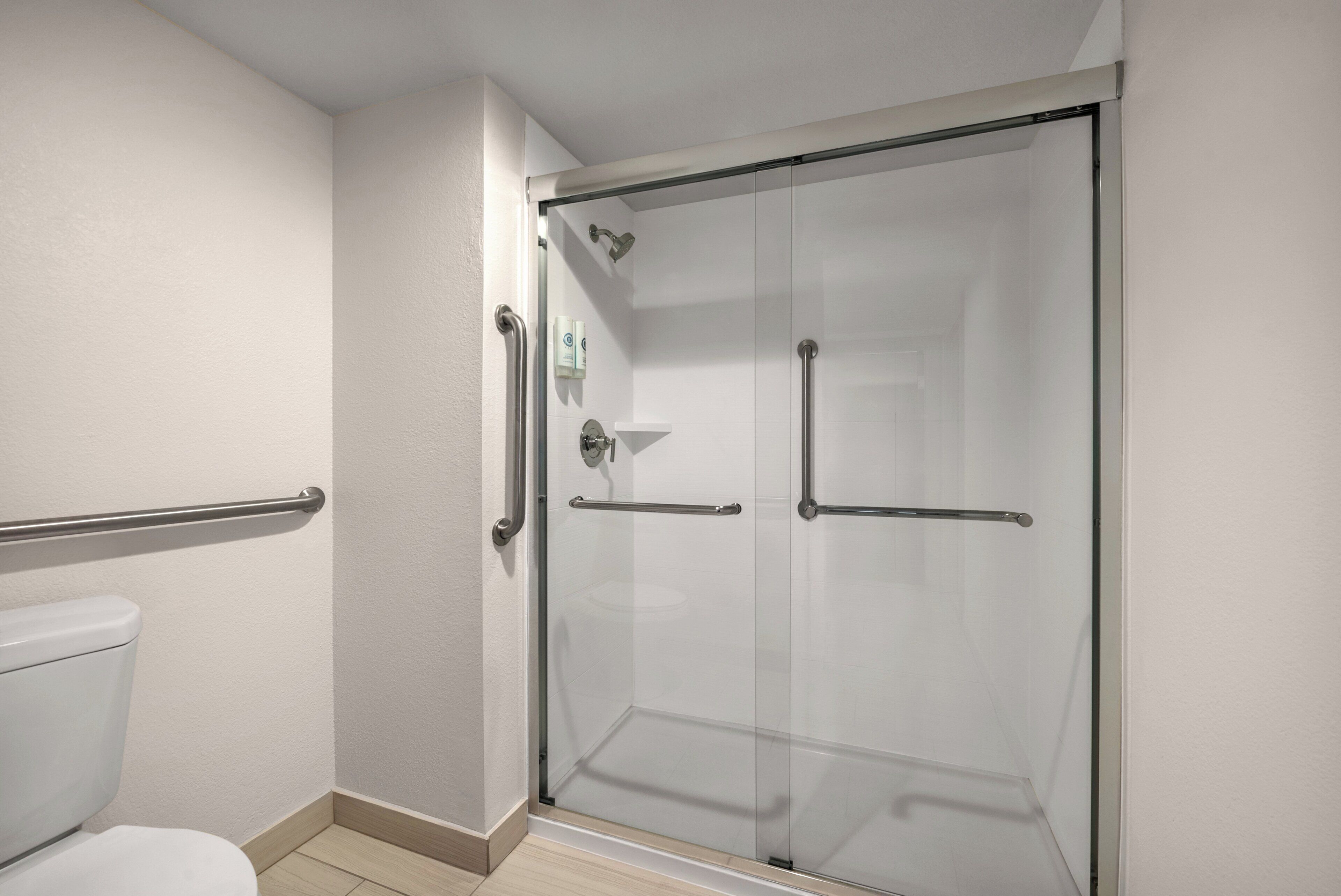 A modern bathroom with a glass-enclosed shower, a toilet, and a handrail.