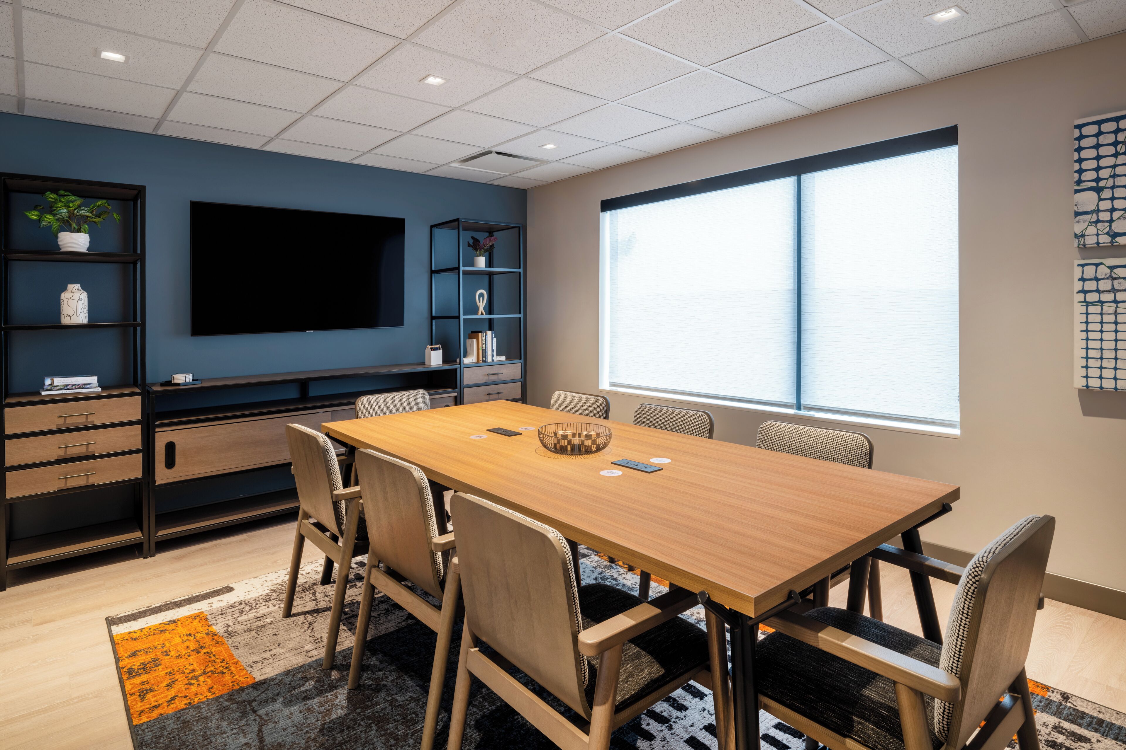 Une salle de conférence avec une longue table, des chaises, un téléviseur, des étagères avec des plantes et une grande fenêtre.