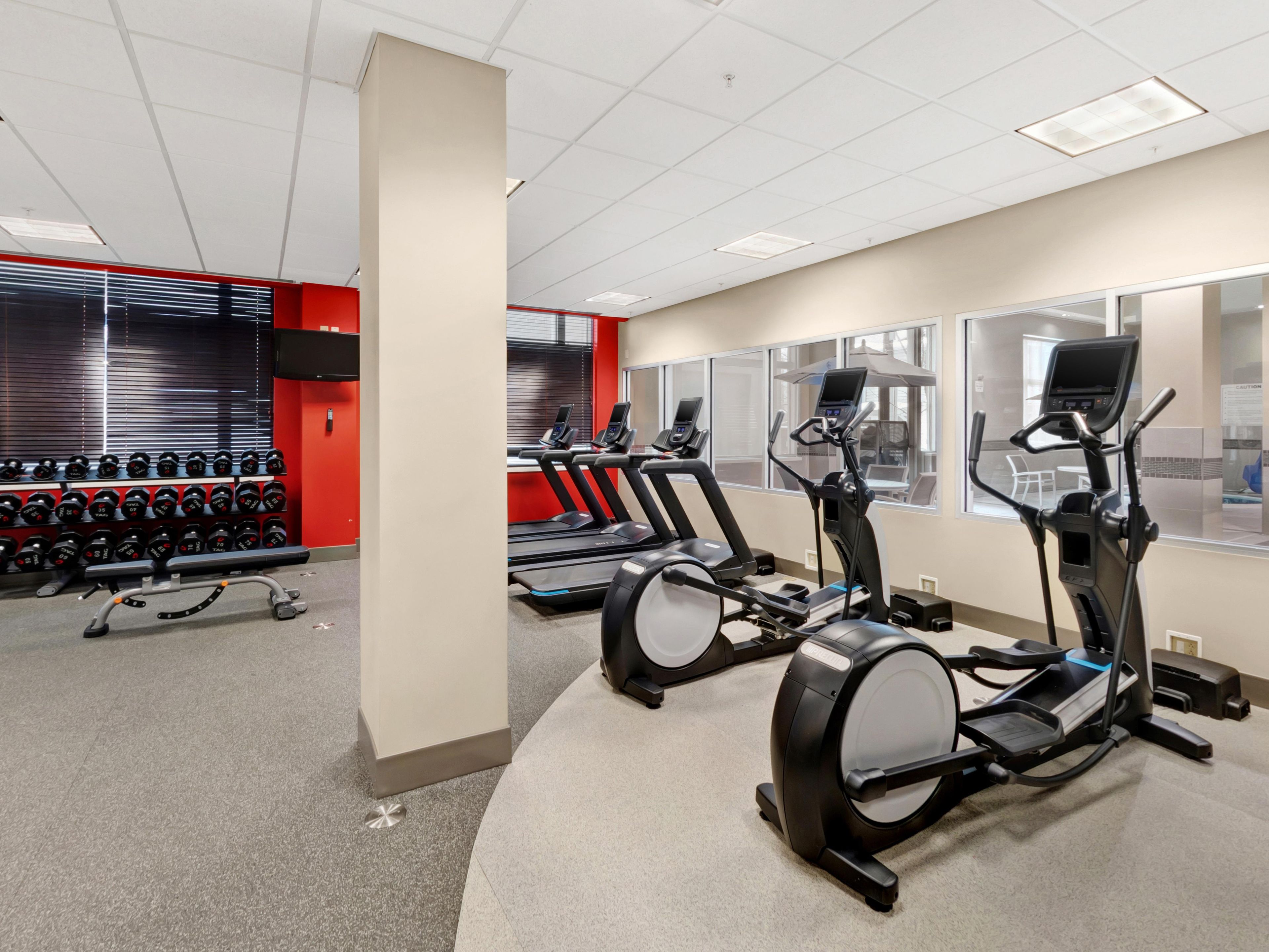 Un gimnasio con cintas de correr, elípticas y un estante lleno de mancuernas.