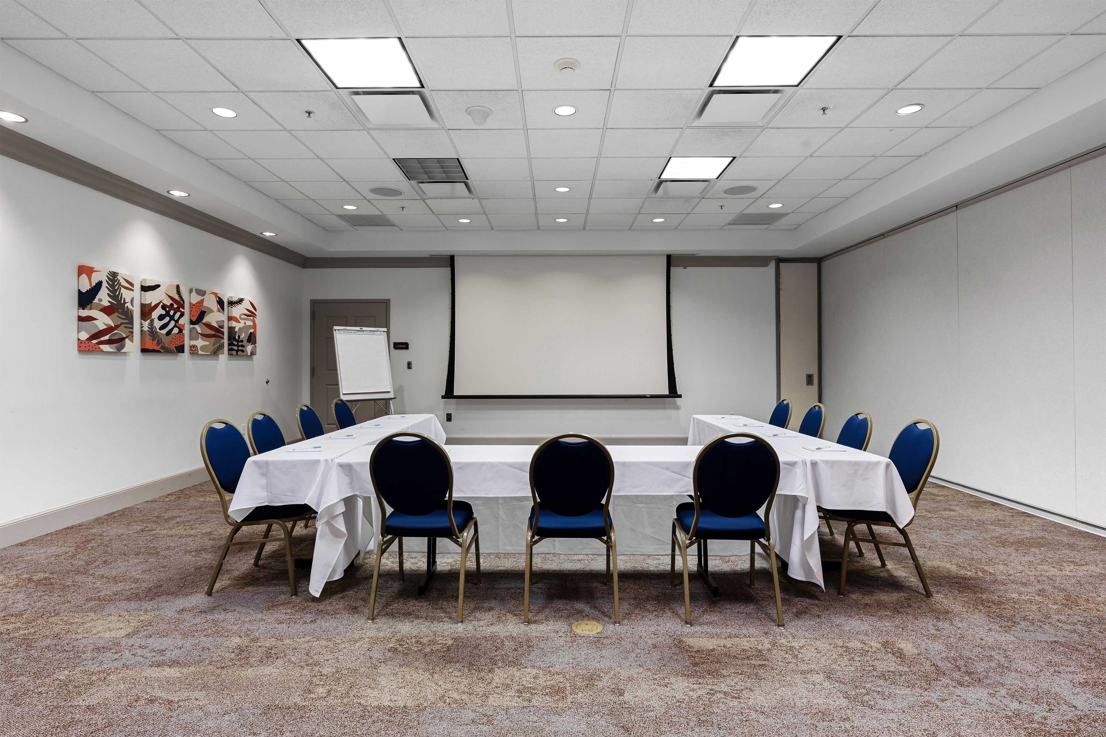 A conference room with a long table, blue chairs, a projector screen, and artwork on the wall.