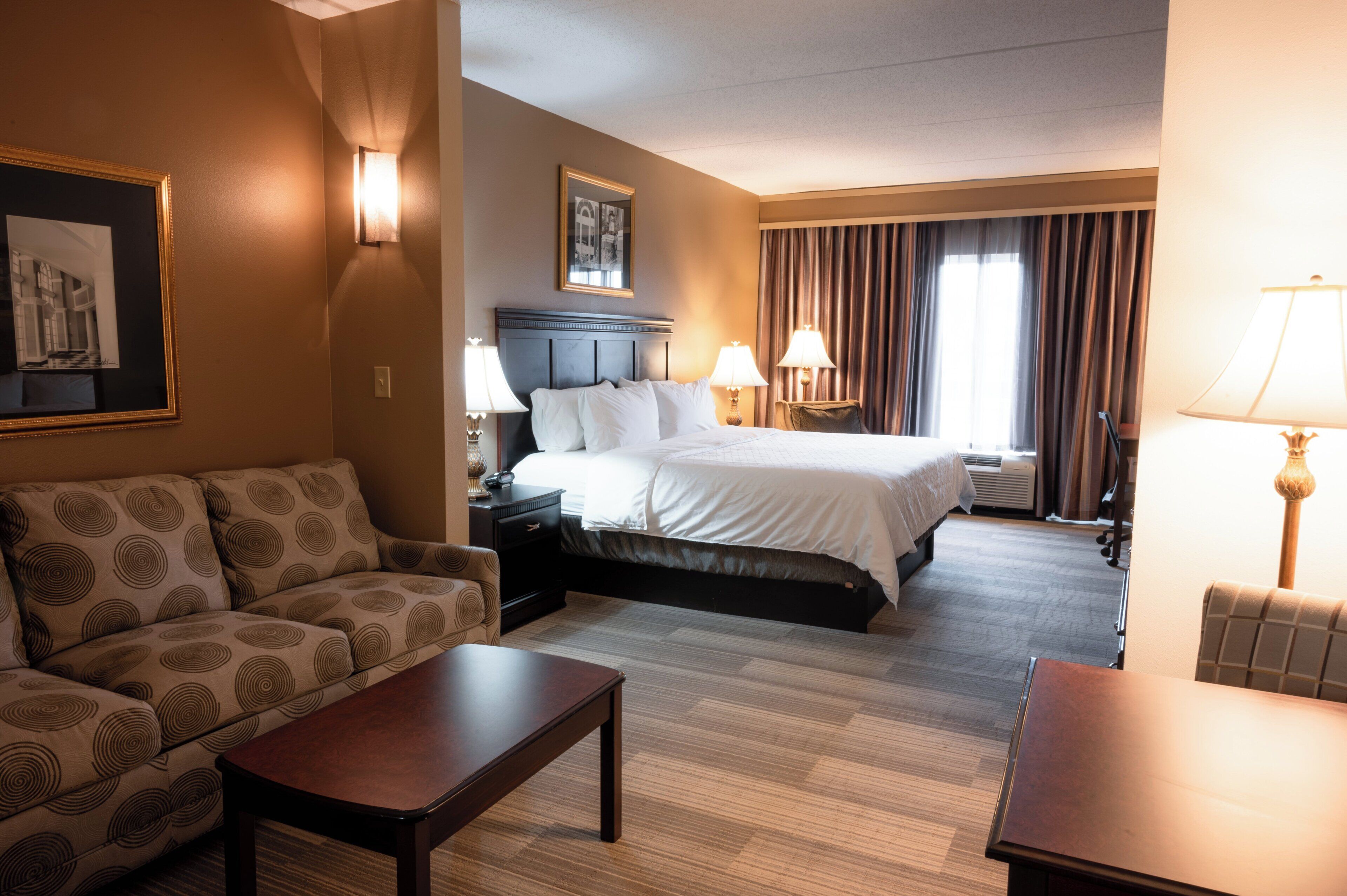 Una habitación de hotel con cama, sofá, mesa, lámparas y un cuadro en la pared.