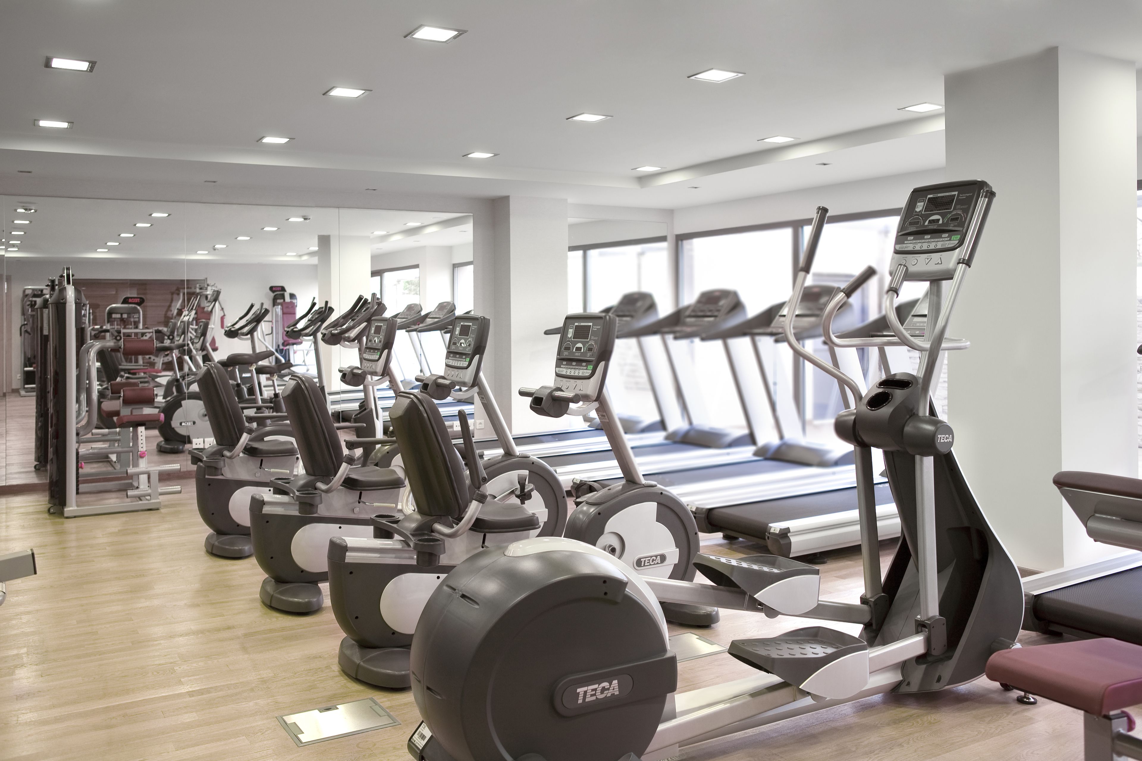 Ein Fitnessraum mit mehreren Cardiogeräten, darunter Laufbänder und Crosstrainer, die in Reihen angeordnet sind.