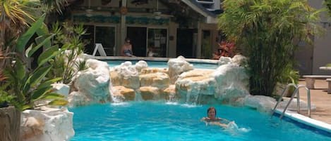 Outdoor pool, pool umbrellas, pool loungers