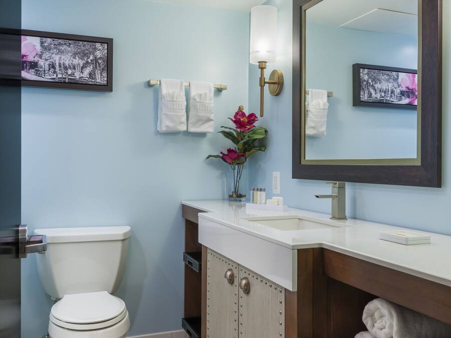 Ein Badezimmer mit Toilette, Waschbecken, Waschtisch und Spiegel.
