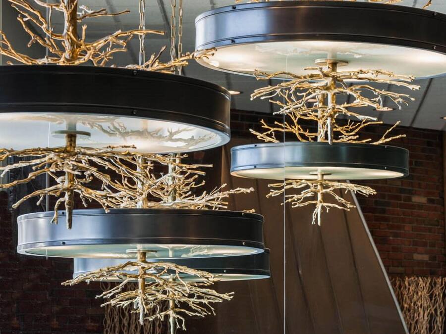 A modern chandelier with multiple circular shades and golden branches.