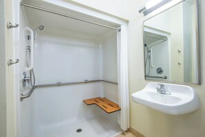 Baño con ducha, barra de apoyo y lavamanos.