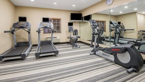 Une salle de sport équipée de tapis de course, de vélos elliptiques et d’un mur recouvert de miroirs.