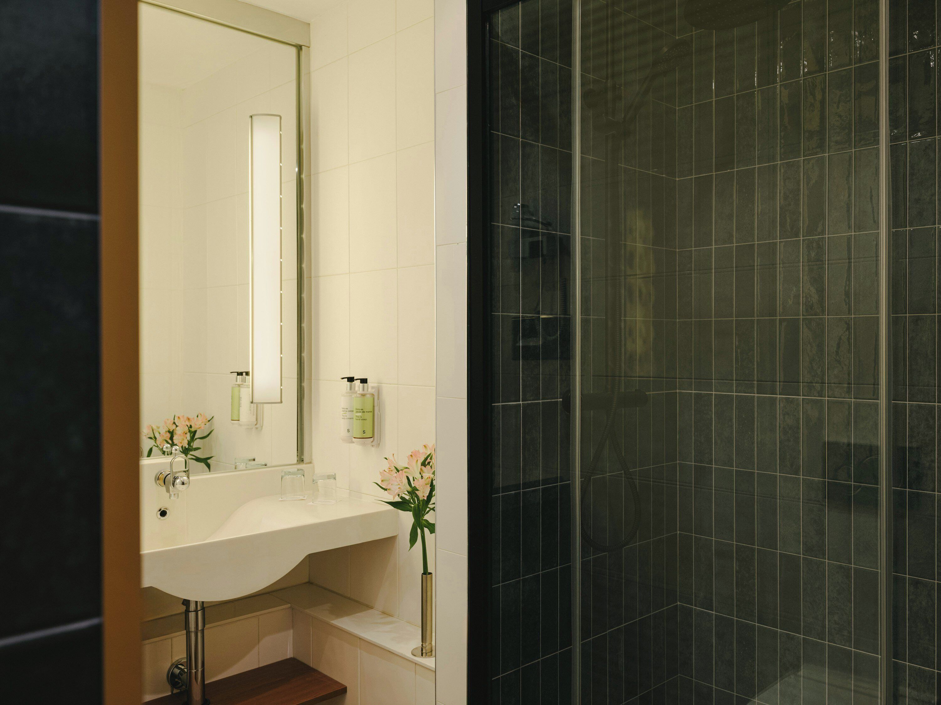 Un baño moderno con un lavamanos blanco, un espejo y una zona de ducha con azulejos oscuros.