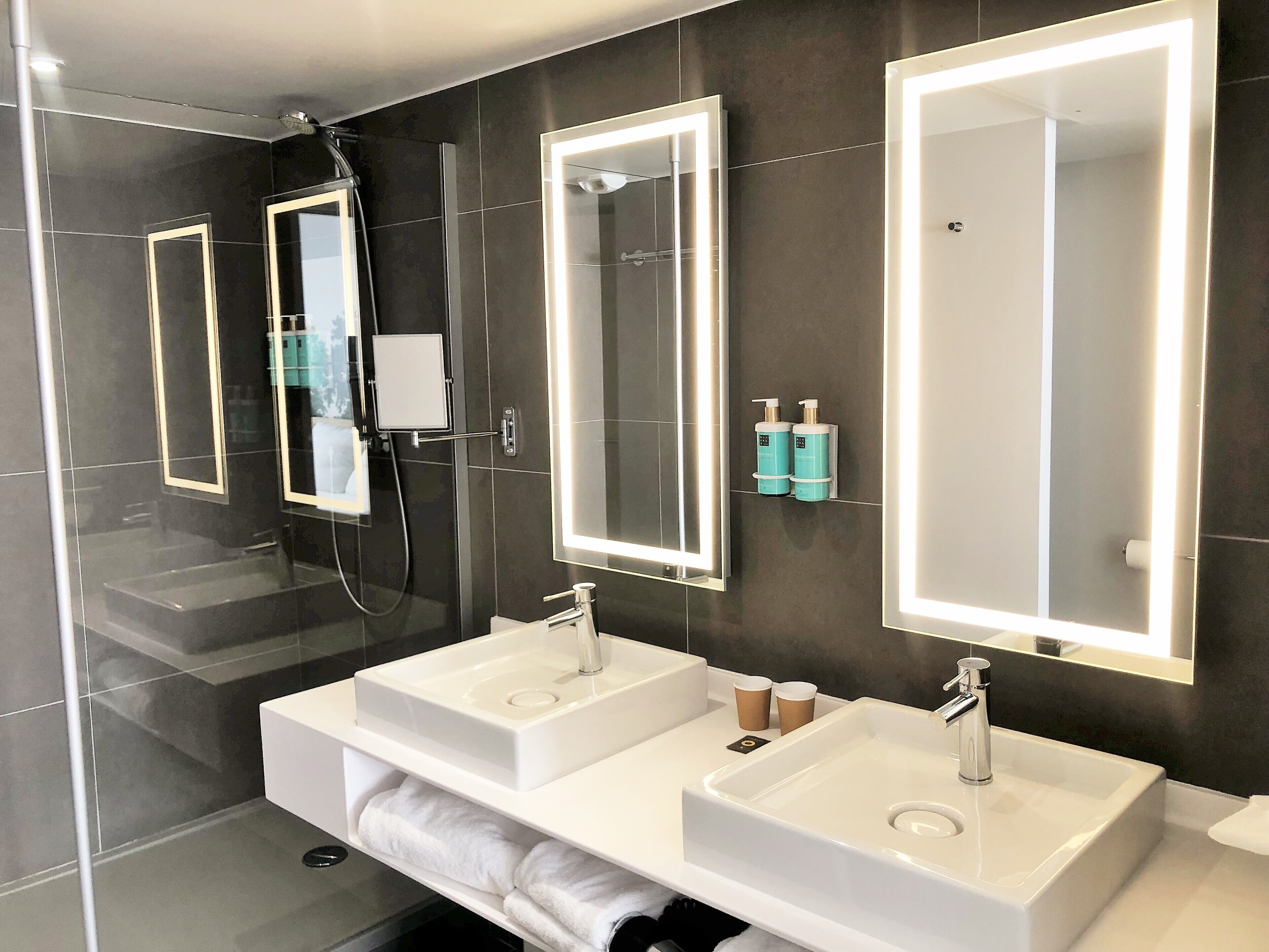 Eco-friendly toiletries, hair dryer, towels, soap