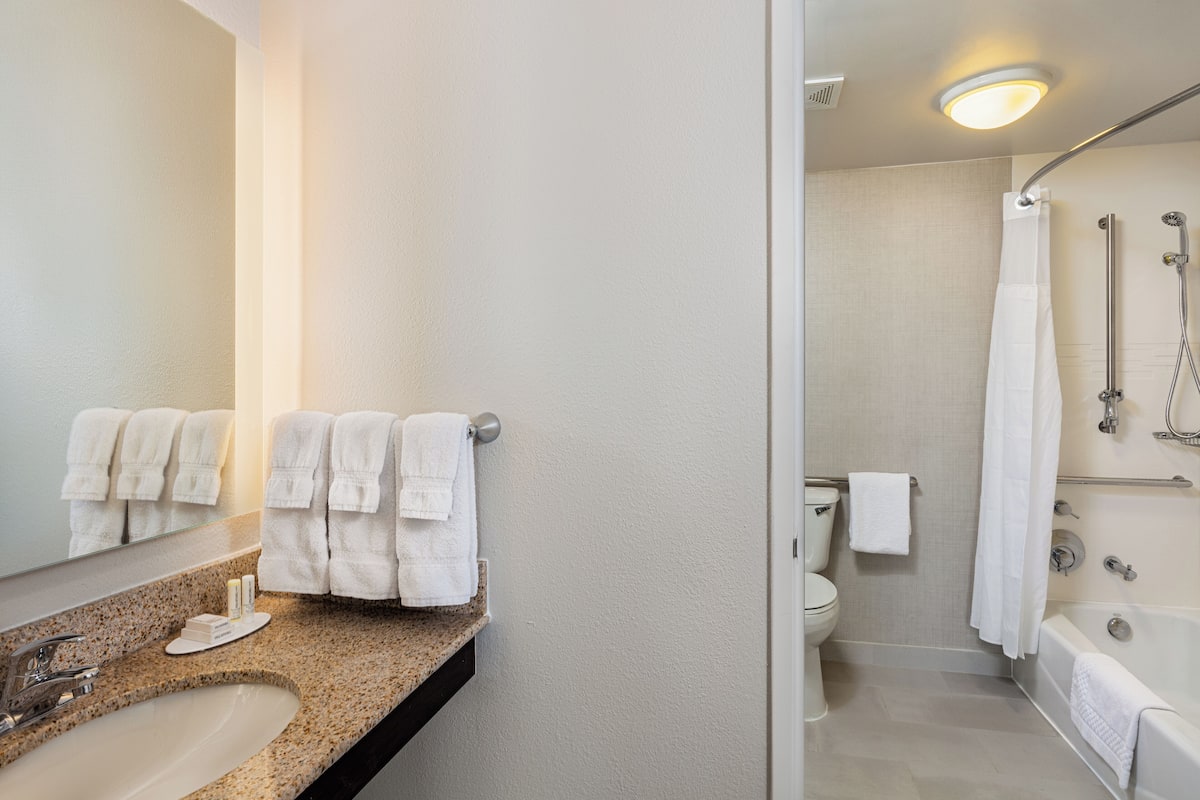 A modern bathroom with a granite countertop, a sink, a toilet, a shower with a glass door, and a bathtub.