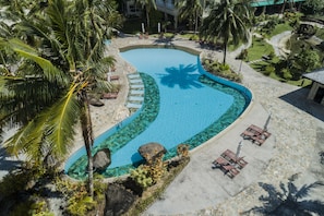 Outdoor pool, pool umbrellas, pool loungers