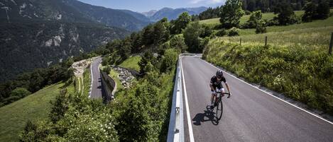 Ciclista en una carretera asfaltada con baranda de seguridad, rodeado de abundante vegetación y montañas al fondo.