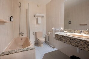 Shower, hydromassage showerhead, hair dryer, towels