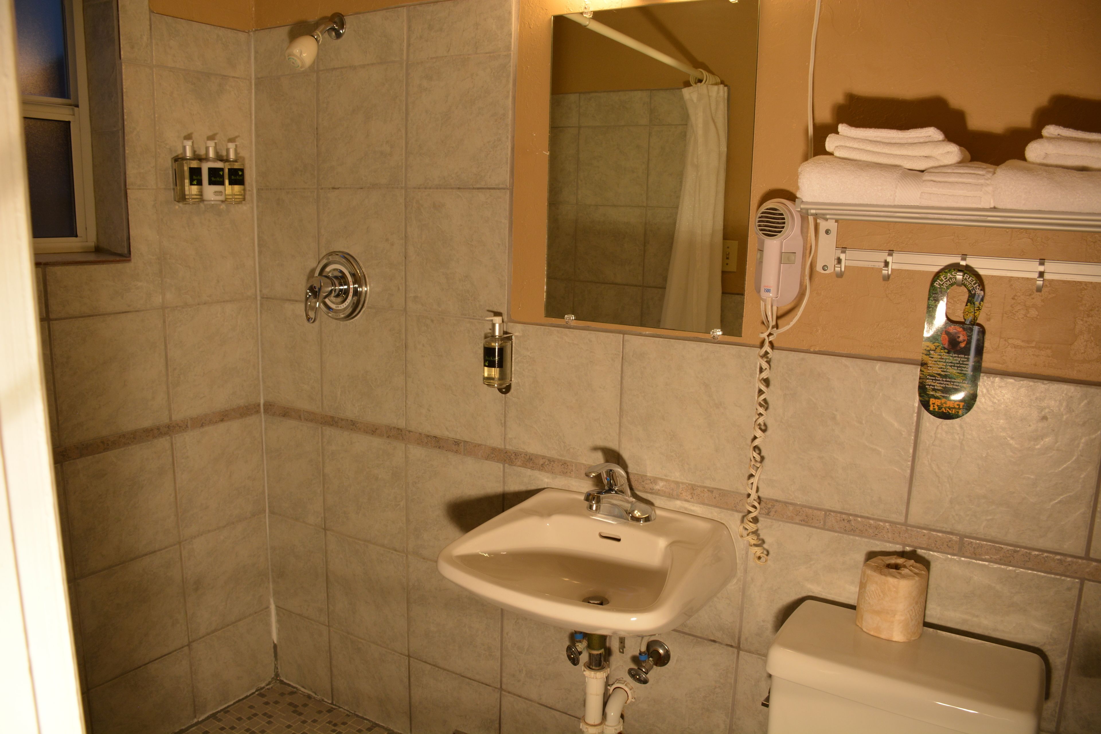 Ein Badezimmer mit Waschbecken, Dusche und Toilette. An der Wand befinden sich Pflegeprodukte und ein Handtuchhalter mit Handtüchern.