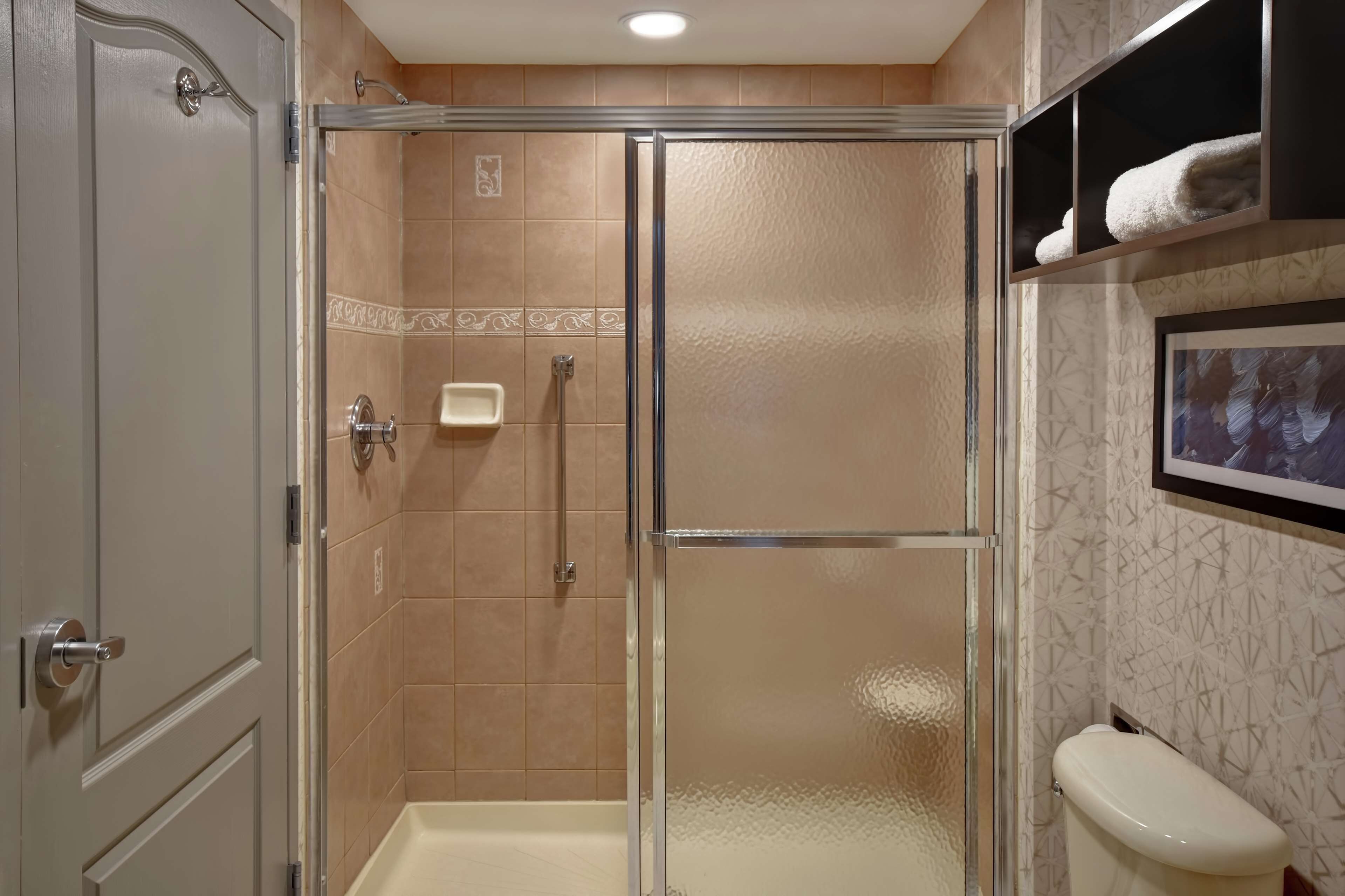 A bathroom with a glass-enclosed shower, a toilet, and a shelf with towels.