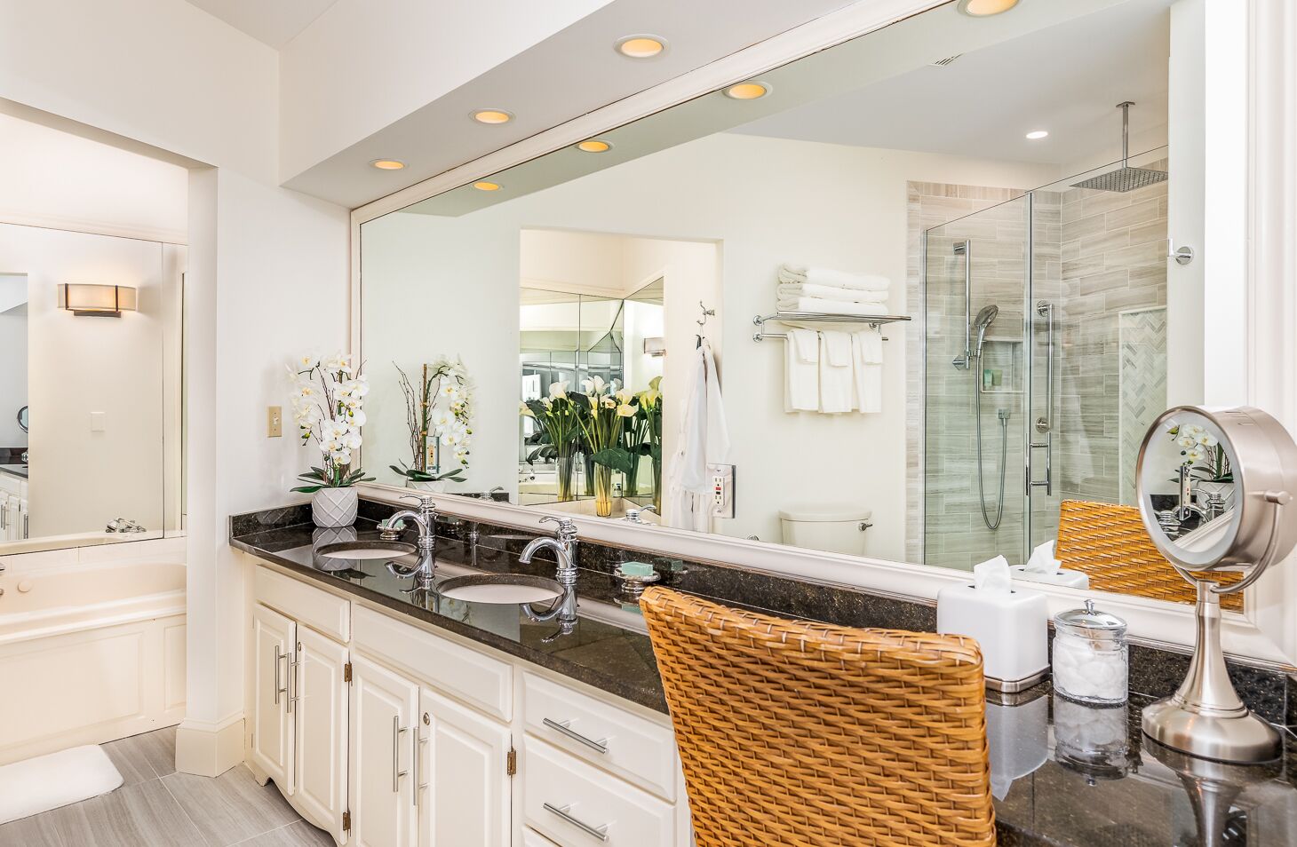 Queen Fireplace / Spa Tub Room  | Bathroom | Shower, designer toiletries, hair dryer, towels
