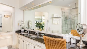 Queen Fireplace / Spa Tub Room | Bathroom | Shower, designer toiletries, hair dryer, towels