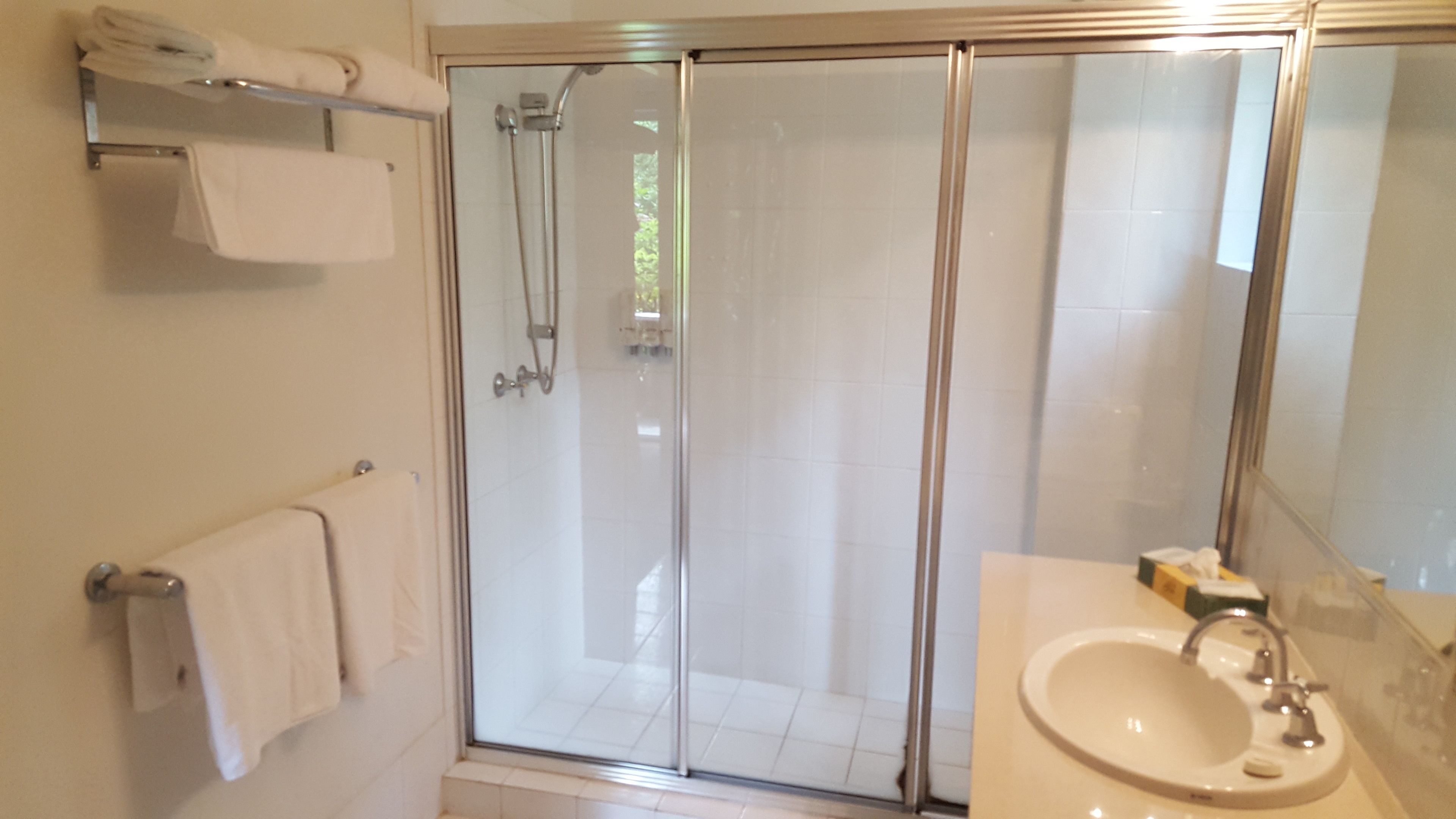 A bathroom with a glass-enclosed shower, a sink, and a towel rack.