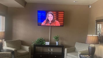 Habitación de hotel con televisor montado en la pared, dos sillones estampados, una mesita con una planta y una alfombra decorada.