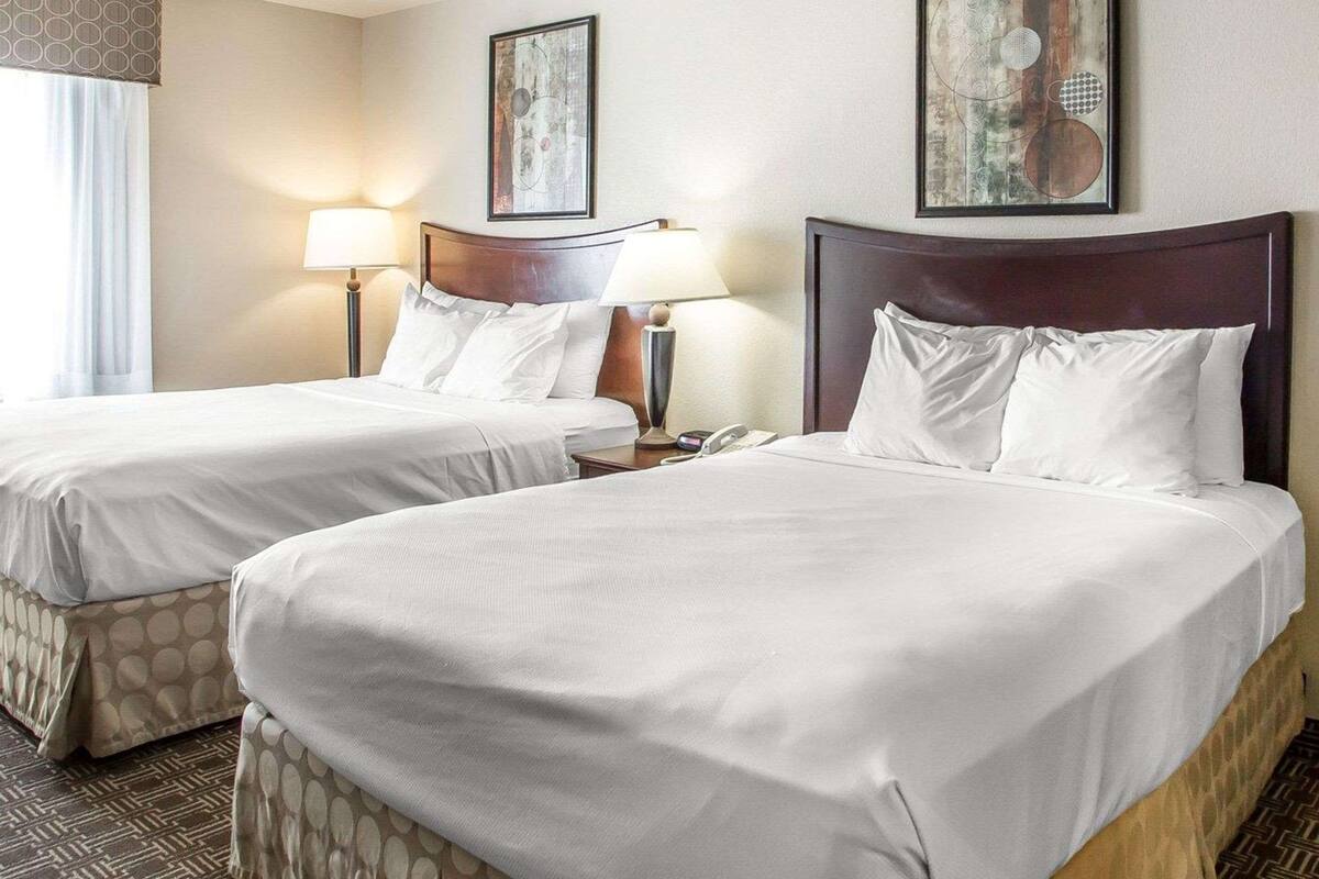 Habitación de hotel con dos camas, cada una con ropa blanca, cabecero de madera y mesita de noche con lámpara. Hay dos obras de arte enmarcadas en la pared sobre las camas.