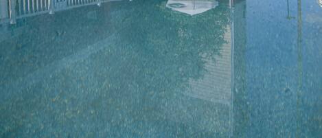 A swimming pool with a white fence, a white umbrella, and a tree in the background.