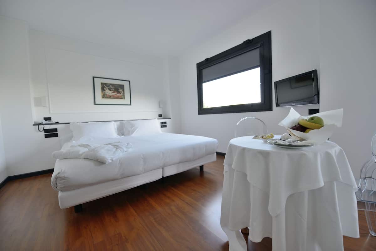 A modern hotel room with a single bed, a small table with a fruit basket, a flat-screen TV, and a framed picture on the wall.