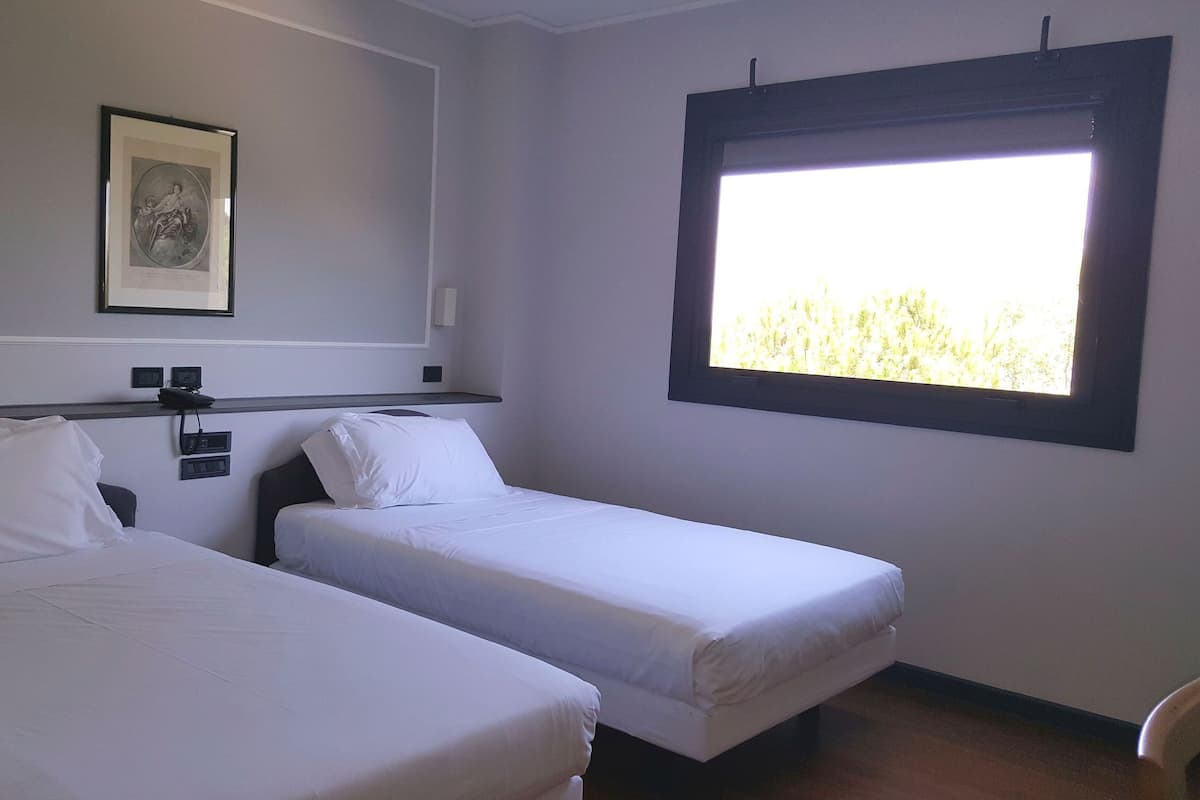 A hotel room with two single beds, a bedside table with a lamp, a framed picture on the wall, and a window with a view of trees.