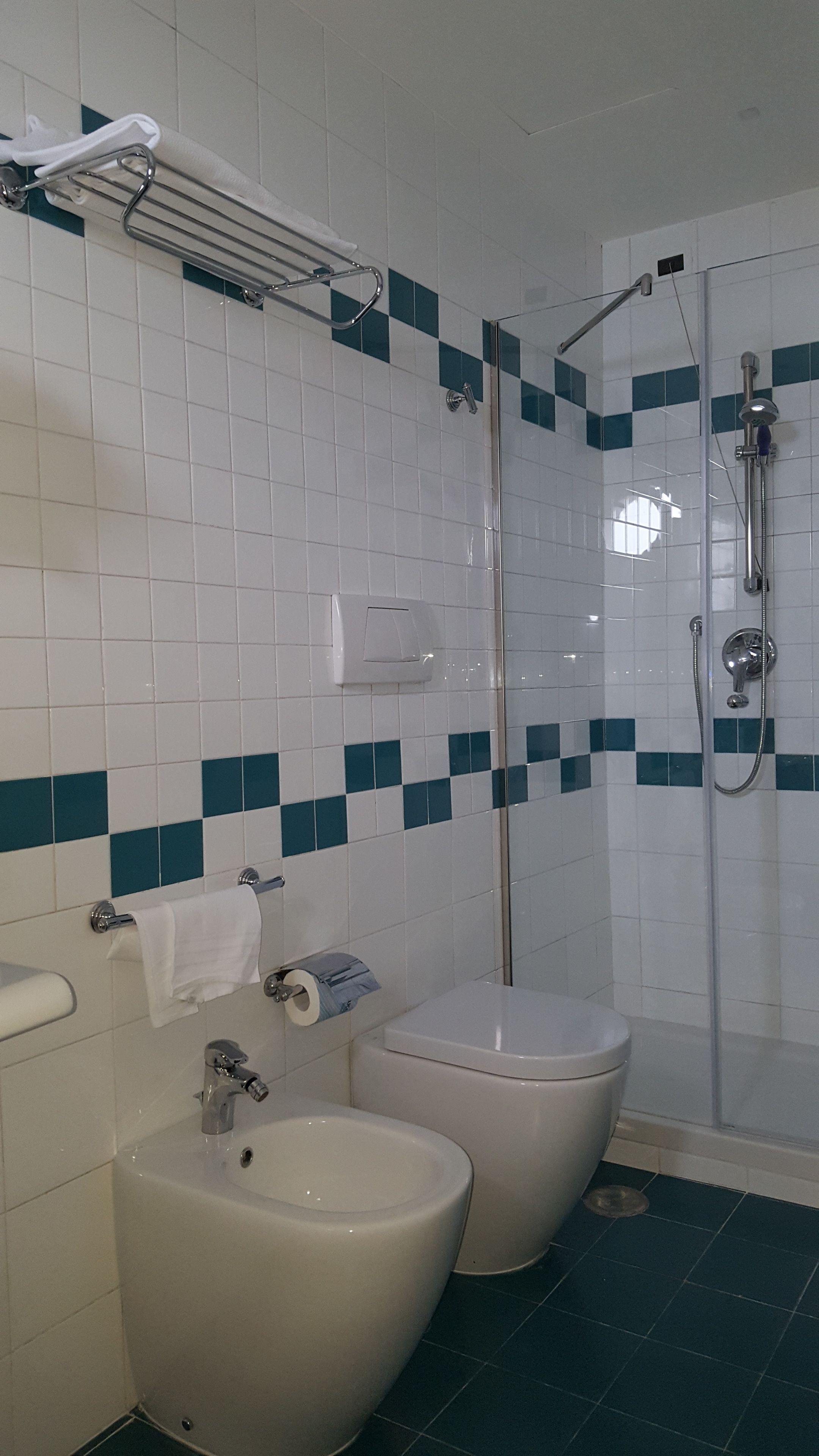 Un baño con ducha, dos inodoros, un bidé y un perchero para toallas.